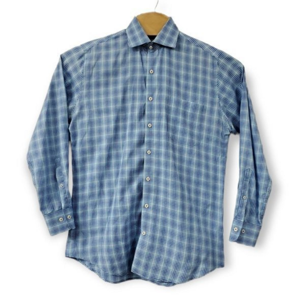 Peter Millar Men's Medium Long Sleeve Blue and White Plaid Button Down Shirt